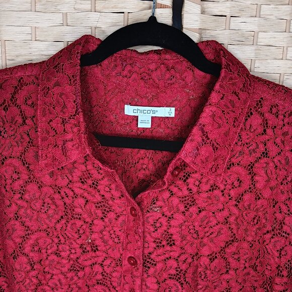 Chico's Lace Long Sleeve Blouse Floral XL 16 Button Down Rayon Blend - Picture 2 of 7